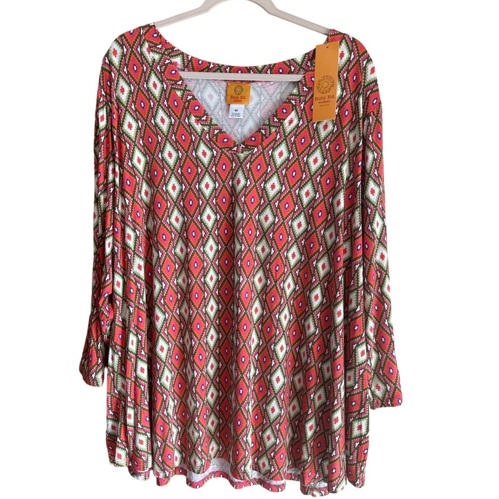 Ruby Rd Plus 4X Pink Abstract V-Neck‎ 3/4 Sleeve Blouse Office Casual Comfort 80
